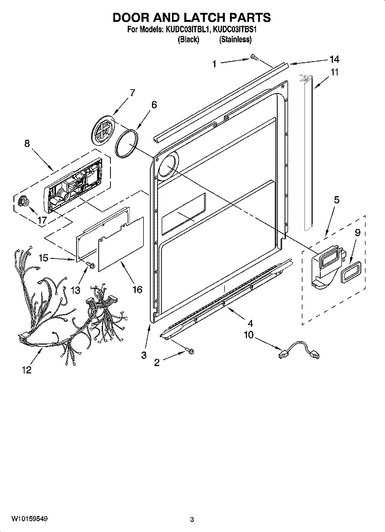 DOOR AND LATCH PARTS Diagram and Parts List for KUDC03ITBS1  KitchenAid Dishwasher