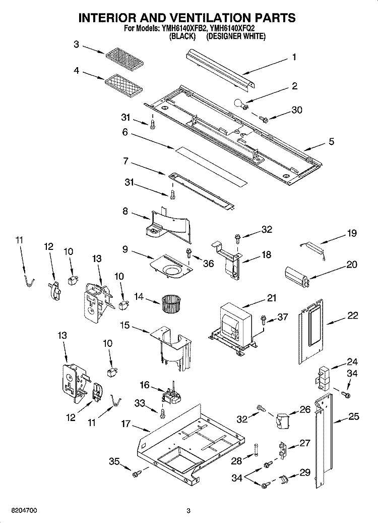 INTERIOR AND VENTILATION PARTS Diagram and Parts List for YMH6140XFQ2  Whirlpool Microwave