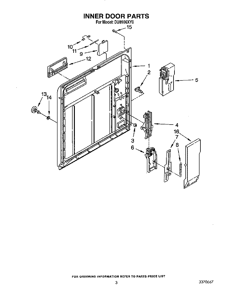 INNER DOOR Diagram and Parts List for DU8900XY0  Whirlpool Dishwasher