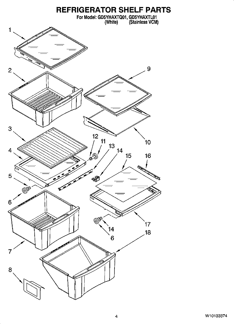 REFRIGERATOR SHELF PARTS Diagram and Parts List for GD5YHAXTQ01  Whirlpool Refrigerator