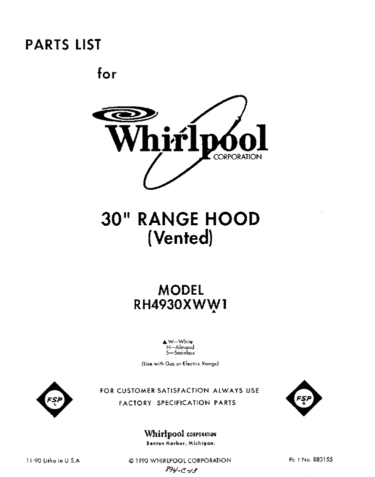 SECTION Diagram and Parts List for RH4930XWS1  Whirlpool Range Hood