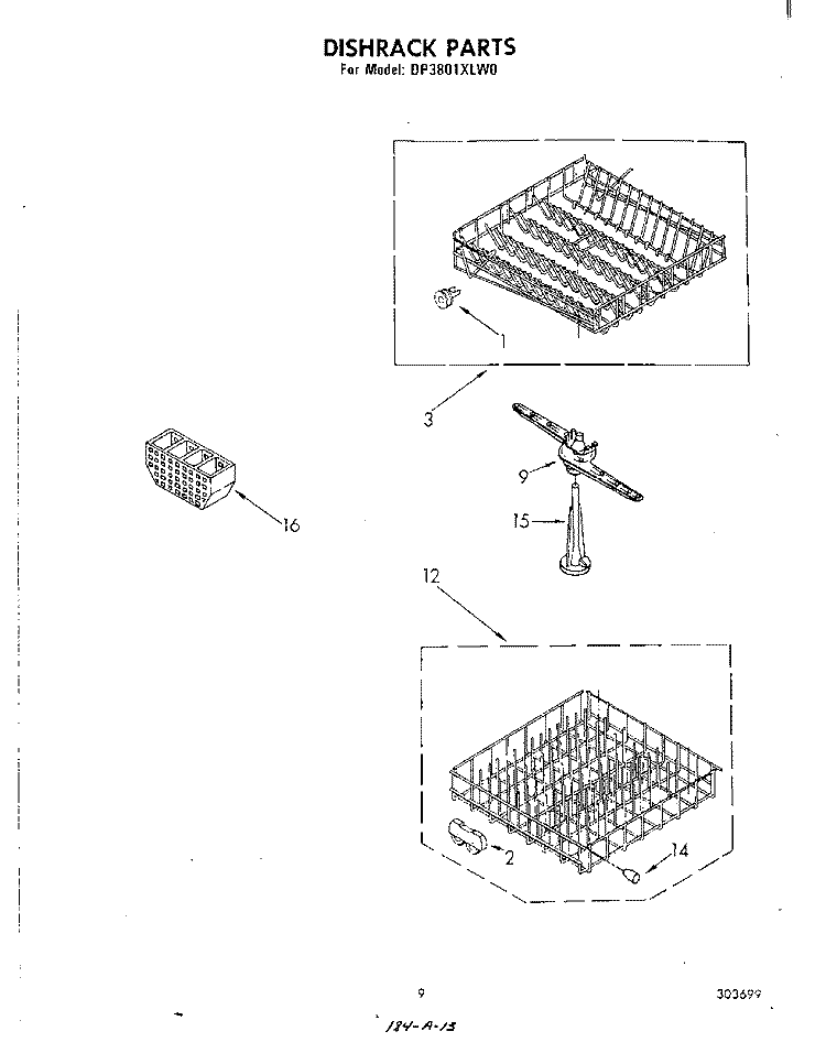 DISHRACK Diagram and Parts List for DP3801XLW0  Whirlpool Dishwasher