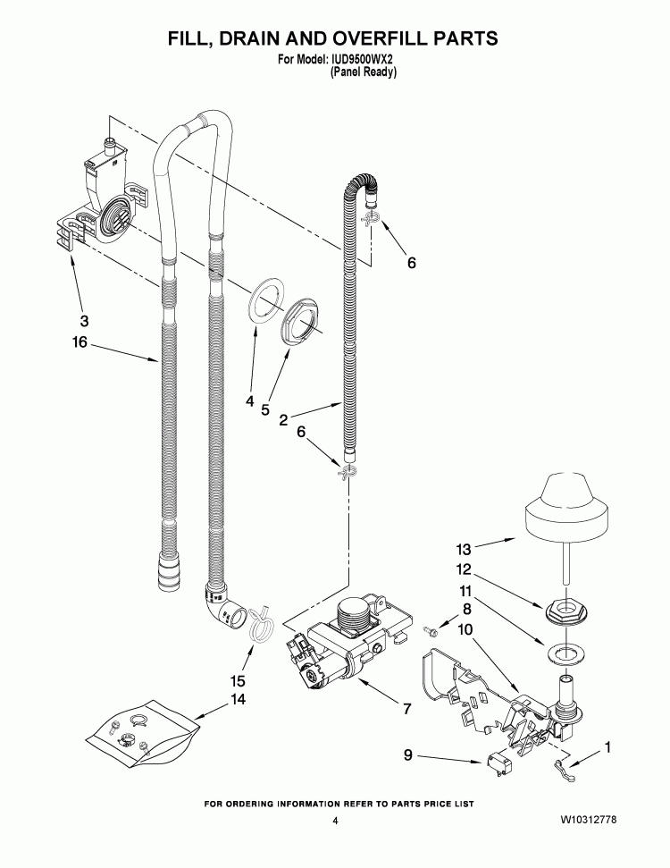 FILL, DRAIN AND OVERFILL PARTS Diagram and Parts List for IUD9500WX2  Whirlpool Dishwasher