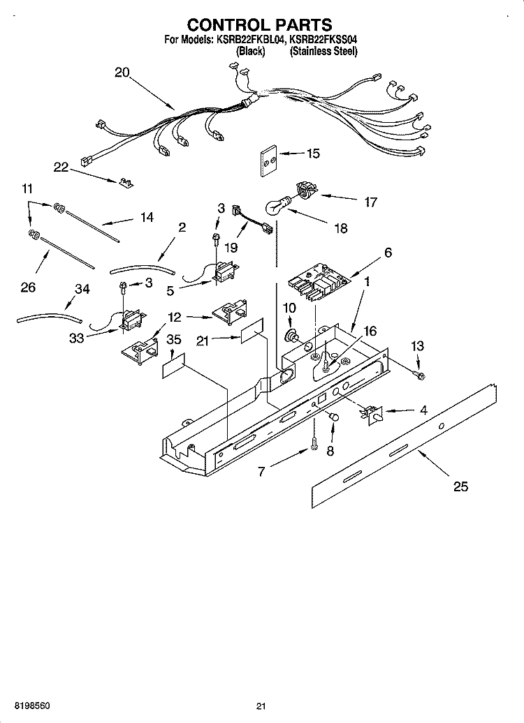 CONTROL PARTS, PARTS NOT ILLUSTRATED Diagram and Parts List for KSRB22FKSS04  KitchenAid Refrigerator