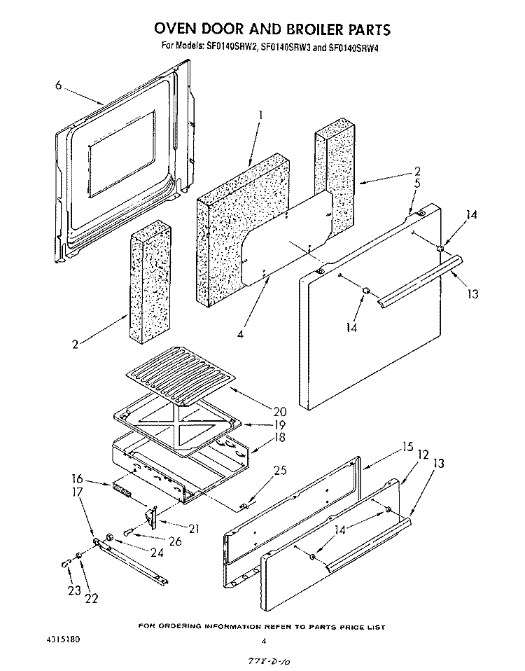 OVEN DOOR AND BROILER Diagram and Parts List for SF0140SRW4  Whirlpool Range