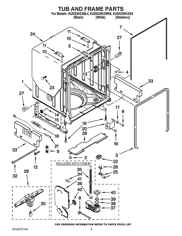 TUB AND FRAME PARTS Diagram and Parts List for KUDS30SXSS4  KitchenAid Dishwasher