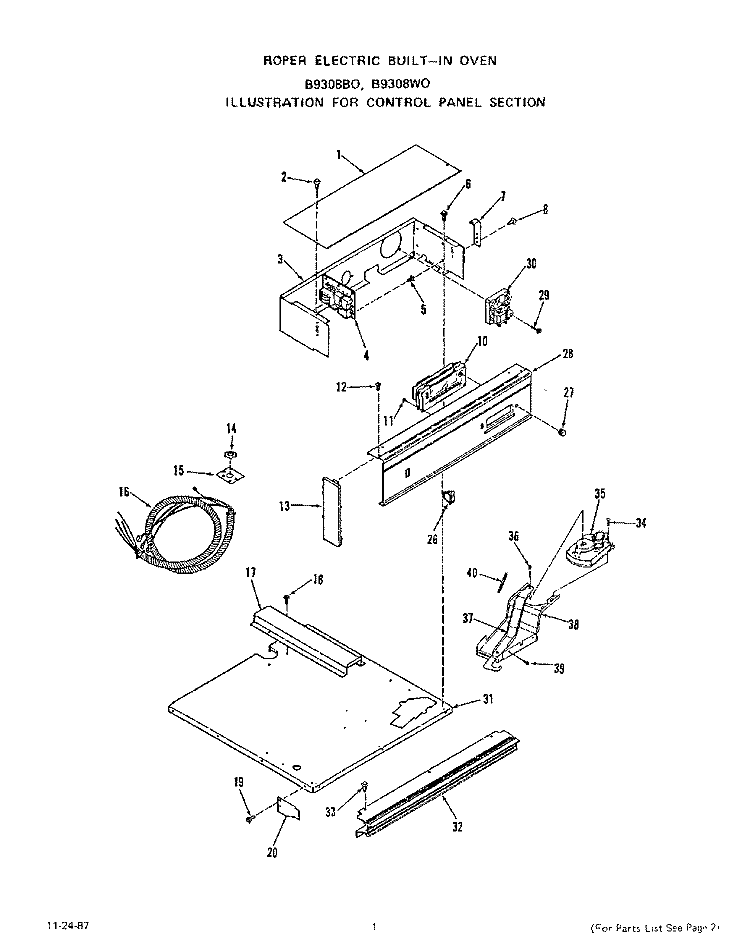 CONTROL PANEL, LIT/OPTIONAL Diagram and Parts List for B9308B0  Roper Wall Oven