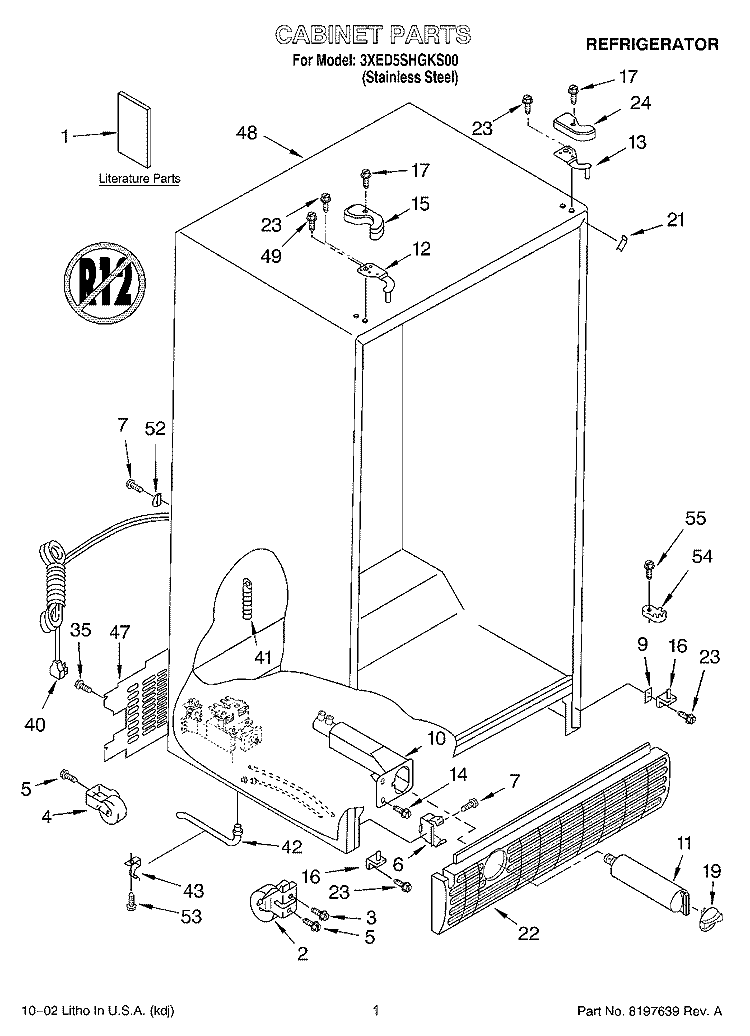 CABINET, LITERATURE Diagram and Parts List for 3XED5SHGKS00  Whirlpool Refrigerator