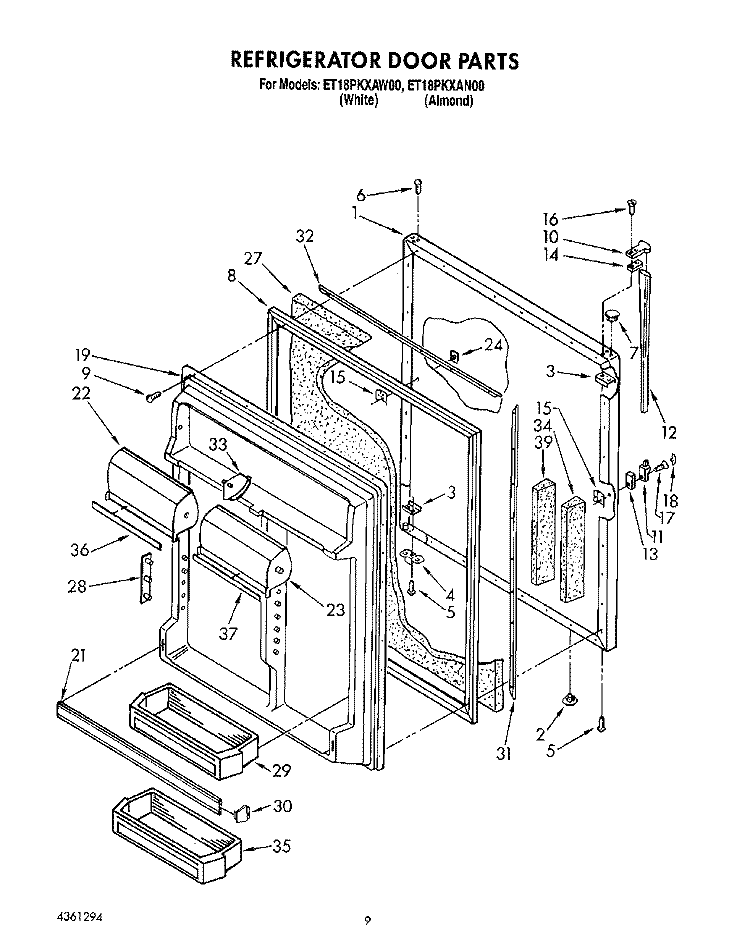 REFRIGERATOR DOOR, LIT/OPTIONAL Diagram and Parts List for ET18PKXAN00  Whirlpool Refrigerator