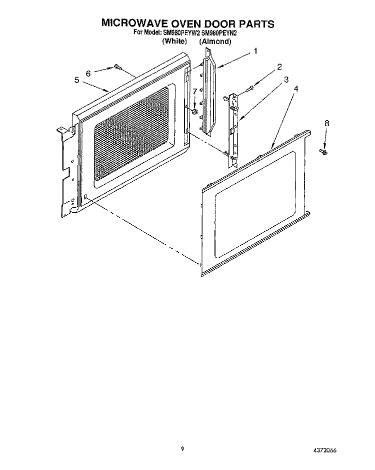 MICROWAVE OVEN DOOR Diagram and Parts List for SM980PEYN2  Whirlpool Microwave Oven Combo