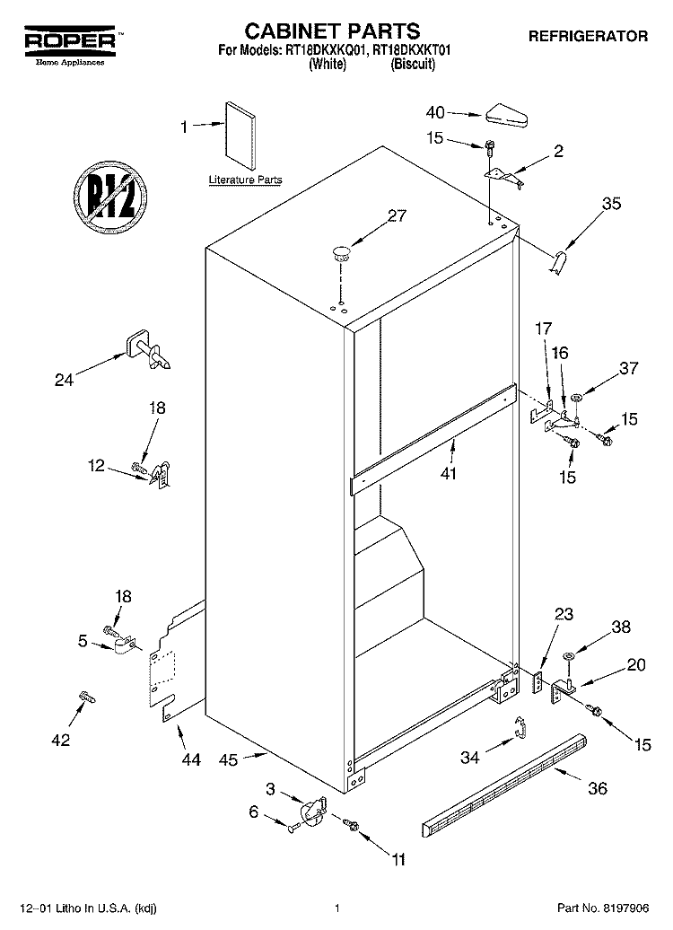 CABINET, LITERATURE Diagram and Parts List for RT18DKXKQ01  Roper Refrigerator