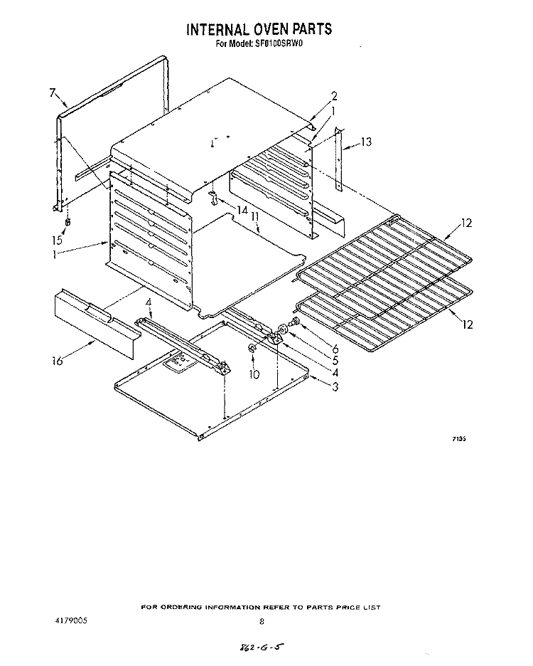 INTERNAL OVEN Diagram and Parts List for SF0100SRW0  Whirlpool Range