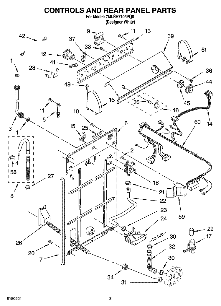 CONTROLS AND REAR PANEL PARTS Diagram and Parts List for 7MLSR7103PQ0  Whirlpool Washer