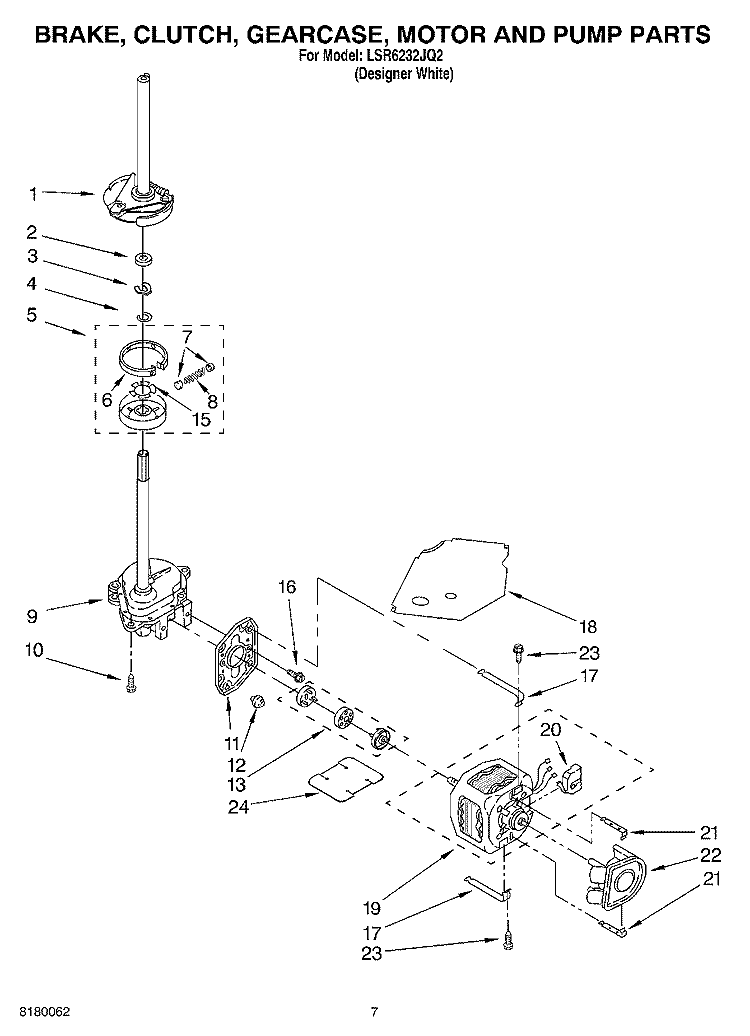 BRAKE, CLUTCH, GEARCASE, MOTOR AND PUMP PARTS Diagram and Parts List for LSR6232JQ2  Whirlpool Washer