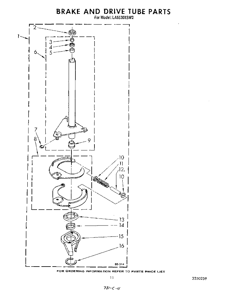 BRAKE AND DRIVE TUBE Diagram and Parts List for LA5530XSW2  Whirlpool Washer