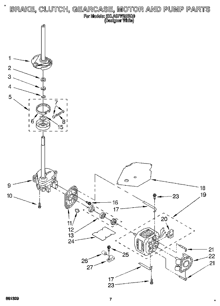 BRAKE, CLUTCH, GEARCASE, MOTOR AND PUMP Diagram and Parts List for 3XLA87W92BQ0  Whirlpool Washer