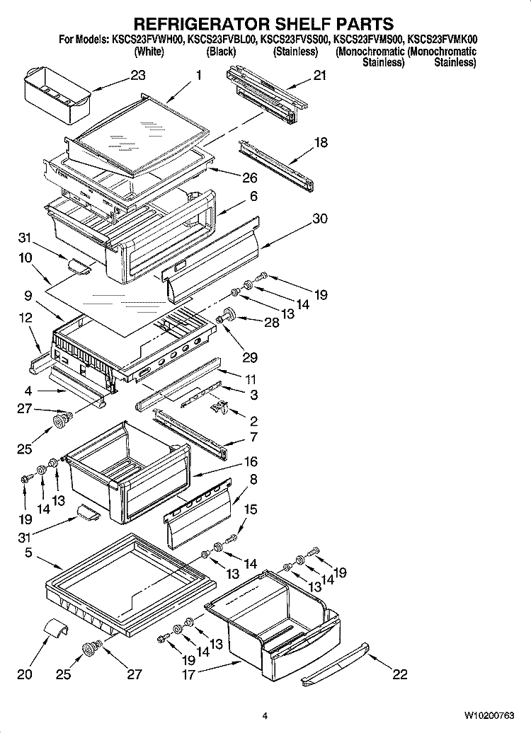 REFRIGERATOR SHELF PARTS Diagram and Parts List for KSCS23FVBL00  KitchenAid Refrigerator