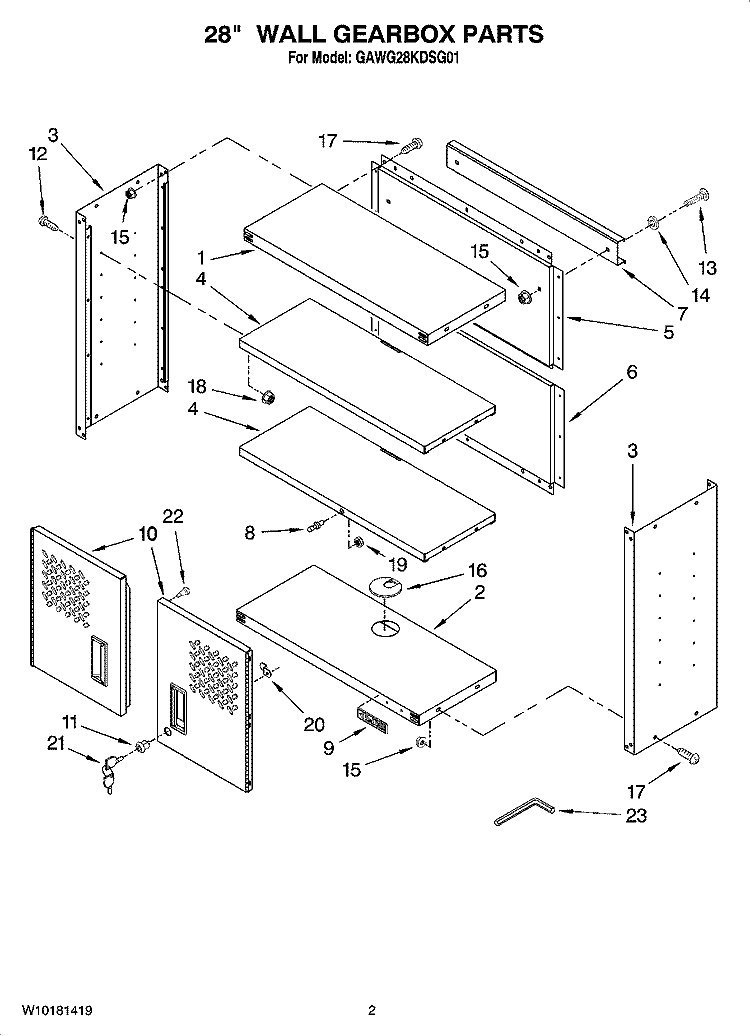 28`` WALL GEARBOX PARTS Diagram and Parts List for GAWG28KDSG01  Whirlpool Cabinet