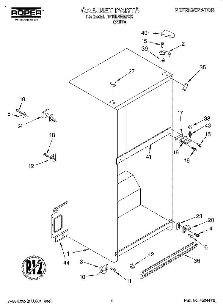 CABINET Diagram and Parts List for RT16LMXEW00  Roper Refrigerator