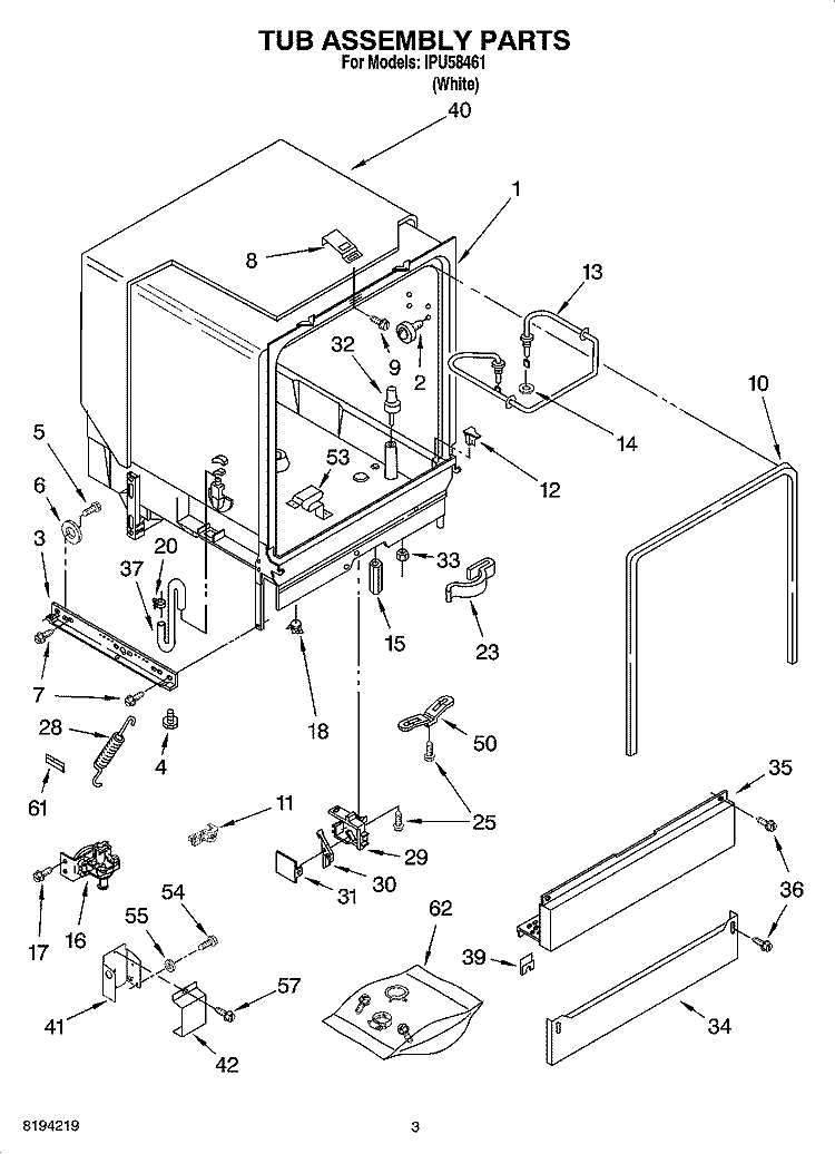 TUB ASSEMBLY PARTS Diagram and Parts List for IPU58461  Inglis Dishwasher