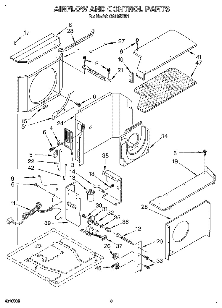 AIRFLOW AND CONTROL Diagram and Parts List for CA18WC51  Crosley Air Conditioner