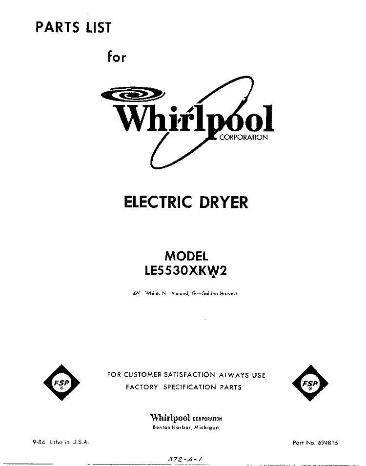 SECTION Diagram and Parts List for LE5530XKW2  Whirlpool Dryer