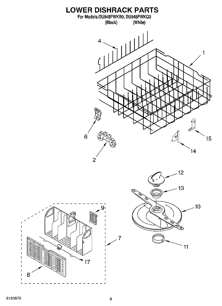 LOWER DISHRACK Diagram and Parts List for DU948PWKB0  Whirlpool Dishwasher