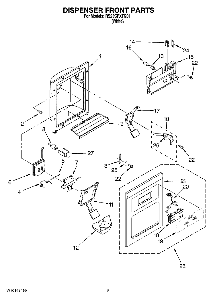 DISPENSER FRONT PARTS Diagram and Parts List for RS25CFXTQ01  Roper Refrigerator