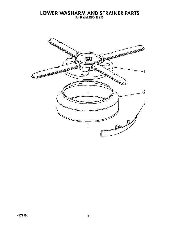 LOWER WASHARM AND STRAINER Diagram and Parts List for KUDI22GT2  KitchenAid Dishwasher