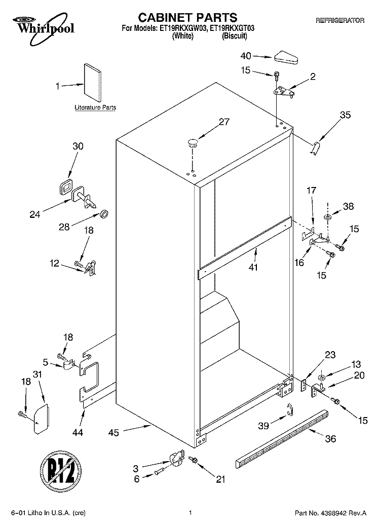 CABINET, LITERATURE Diagram and Parts List for ET19RKXGT03  Whirlpool Refrigerator