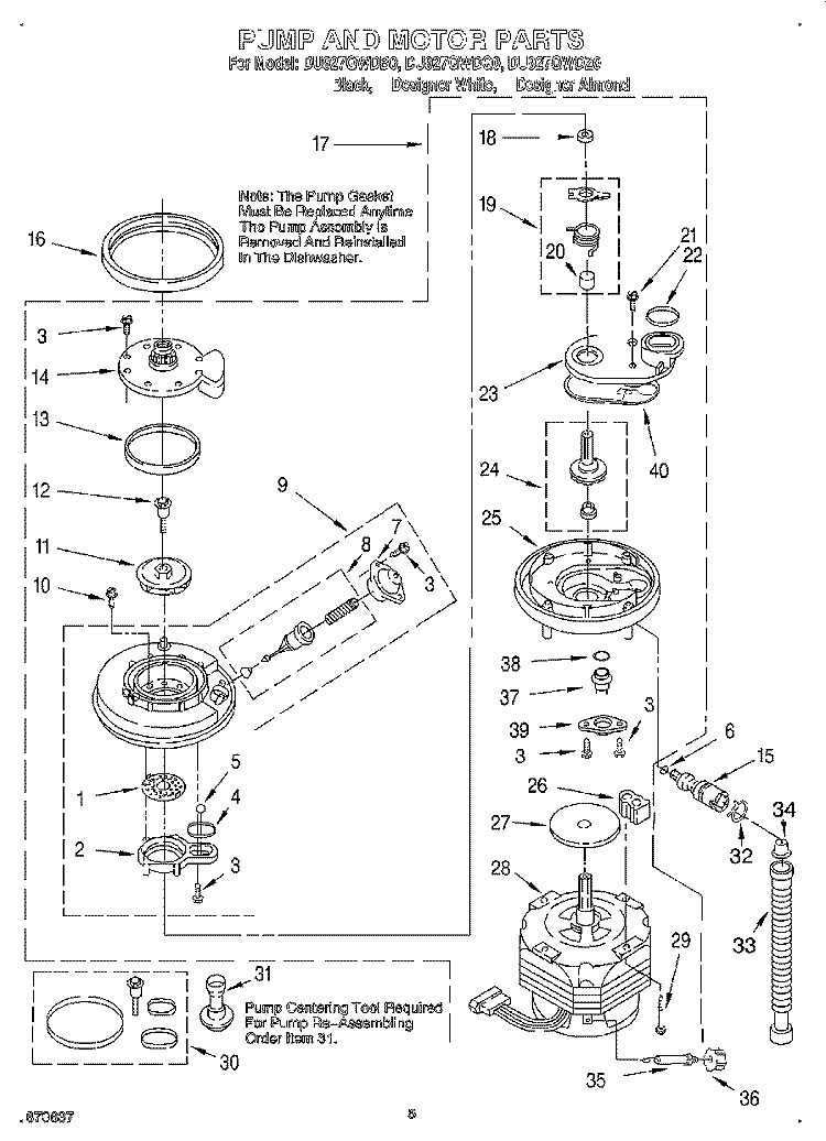 PUMP AND MOTOR Diagram and Parts List for DU927QWDB0  Whirlpool Dishwasher