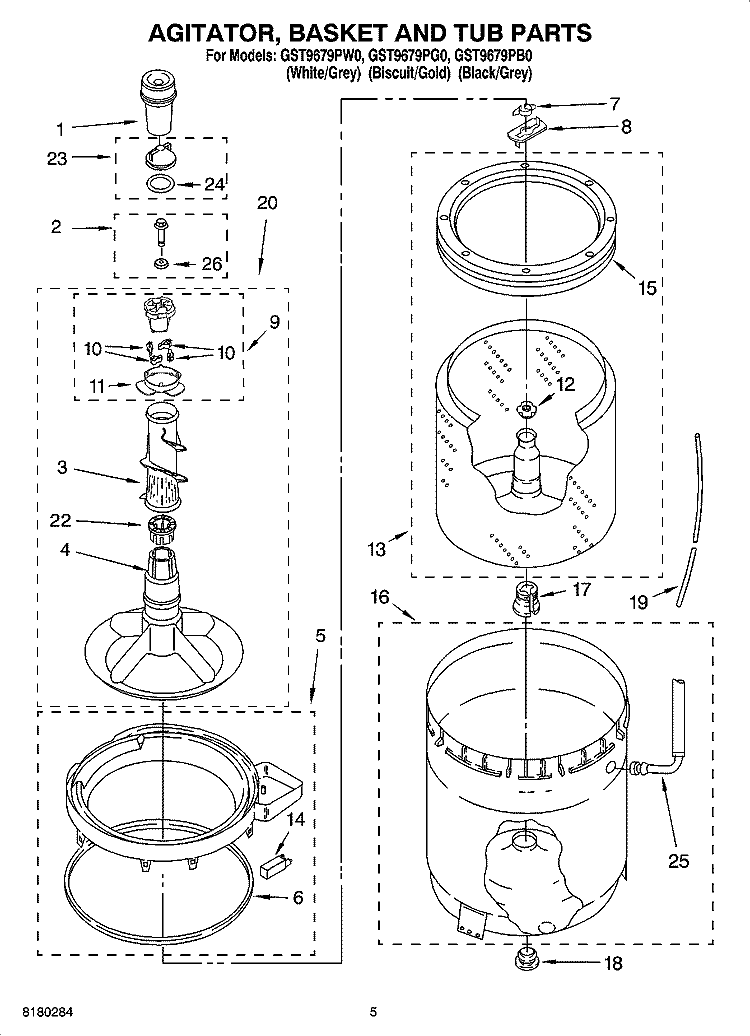 AGITATOR, BASKET AND TUB PARTS Diagram and Parts List for GST9679PW0  Whirlpool Washer