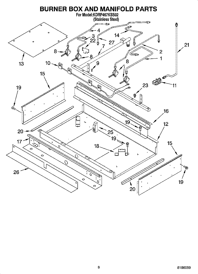 BURNER BOX AND MANIFOLD PARTS Diagram and Parts List for KDRP467KSS02  KitchenAid Range