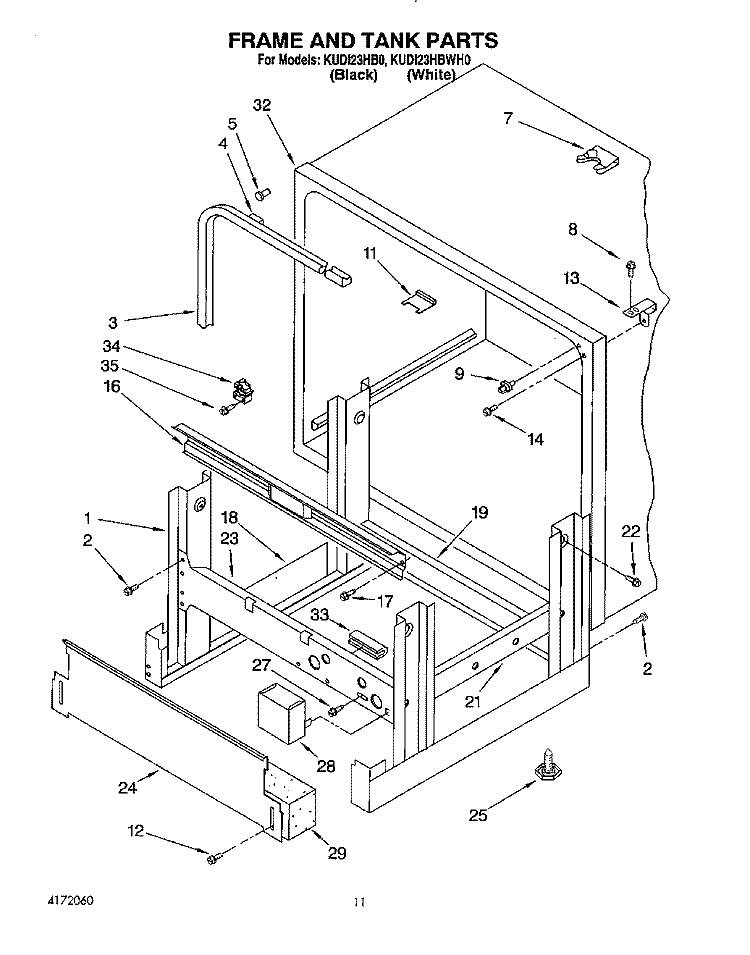 FRAME AND TANK Diagram and Parts List for KUDI23HBWH0  KitchenAid Dishwasher