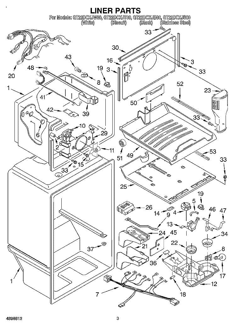 LINER Diagram and Parts List for GT22DCXJB00  Whirlpool Refrigerator