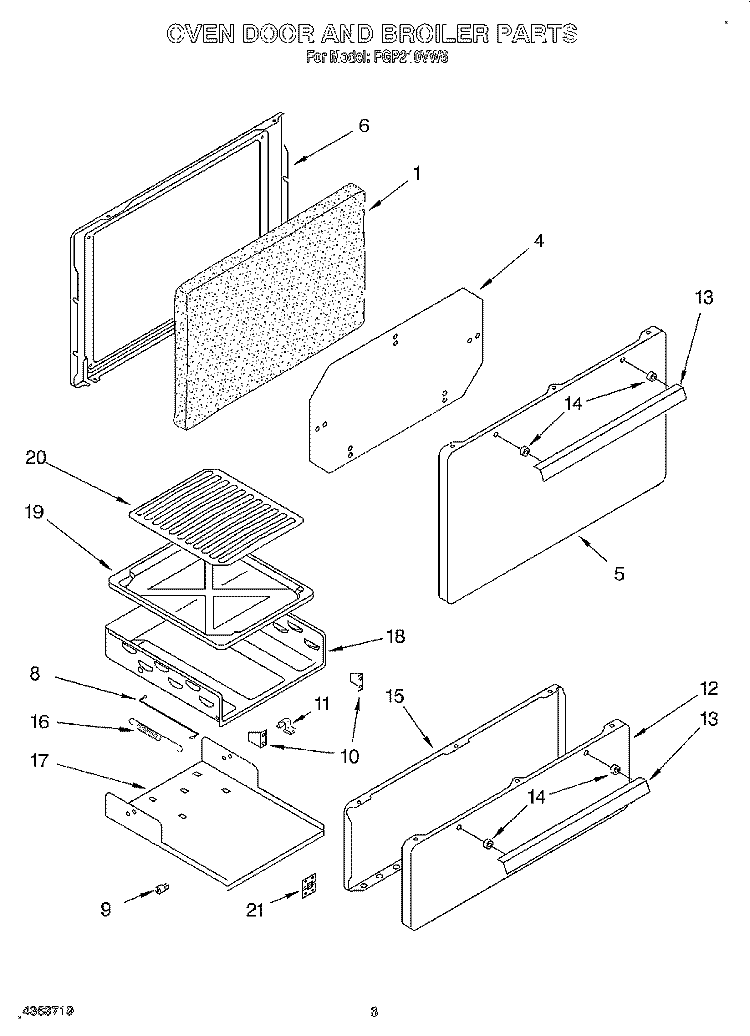 OVEN DOOR AND BROILER Diagram and Parts List for FGP210VW6  Roper Range