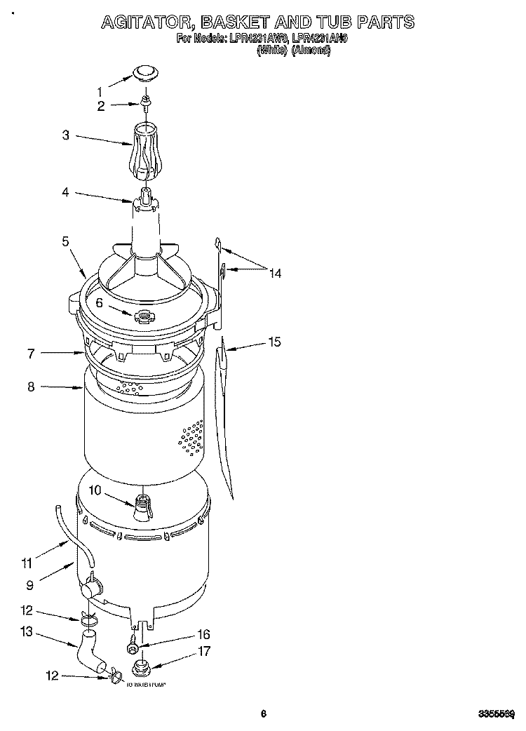AGITATOR, BASKET AND TUB Diagram and Parts List for LPR4231AW0  Whirlpool Washer