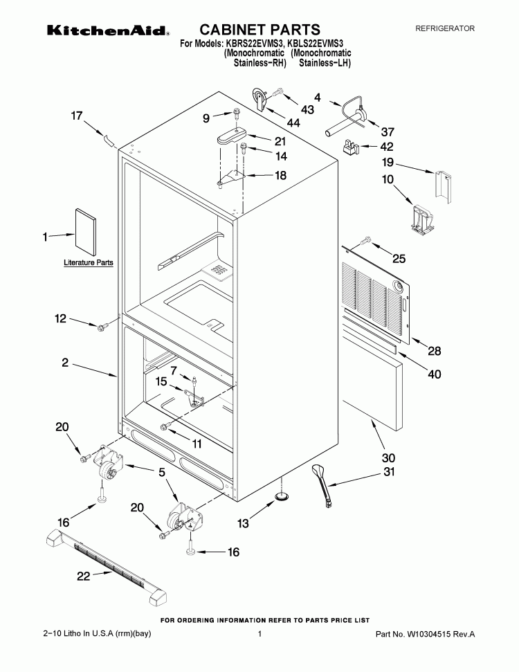 CABINET PARTS Diagram and Parts List for KBRS22EVMS3  KitchenAid Refrigerator