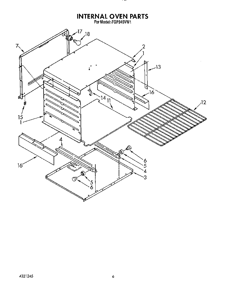 INTERNAL OVEN Diagram and Parts List for FGP345VW1  Roper Range