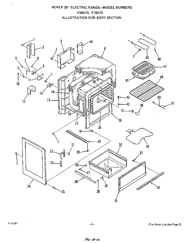 BODY Diagram and Parts List for F7607W0  Roper Range
