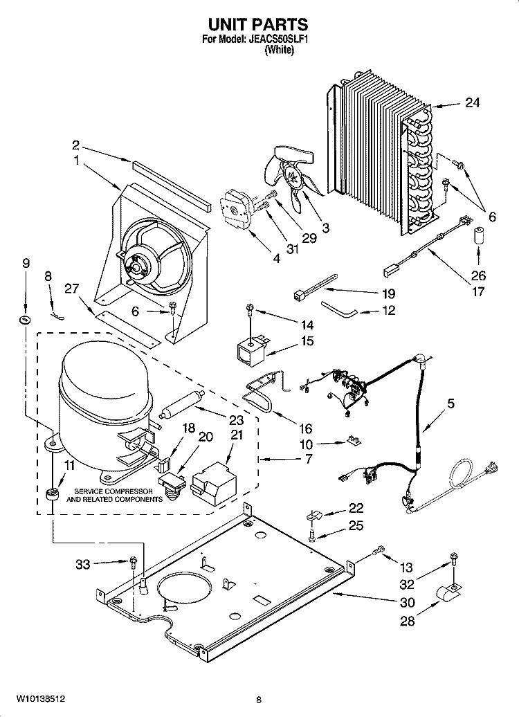 UNIT PARTS, OPTIONAL PARTS (NOT INCLUDED) Diagram and Parts List for JEACS50SLF1  Whirlpool Ice Maker