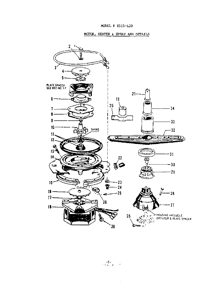 MOTOR, HEATER, AND SPRAY ARM Diagram and Parts List for 8515L20  Roper Dishwasher