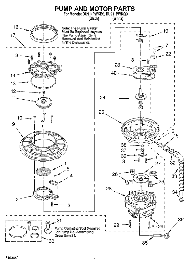 PUMP & MOTOR Diagram and Parts List for DU911PWKB0  Whirlpool Dishwasher