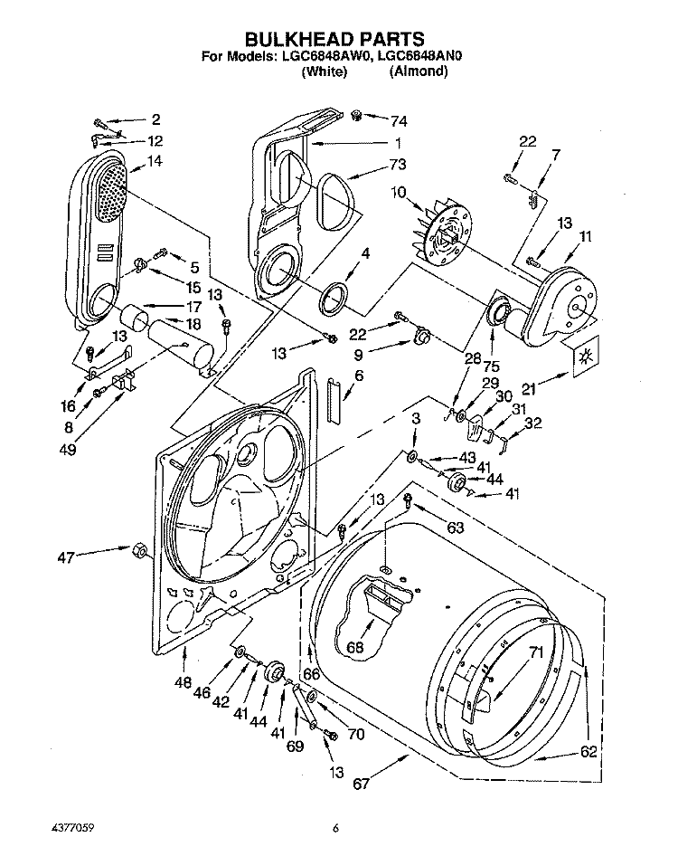 BULKHEAD Diagram and Parts List for LGC6848AW0  Whirlpool Dryer