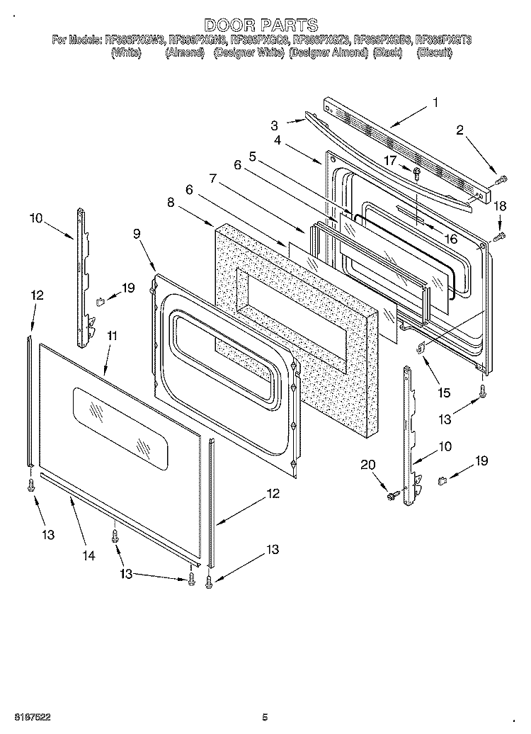 DOOR Diagram and Parts List for RF386PXGN3  Whirlpool Range
