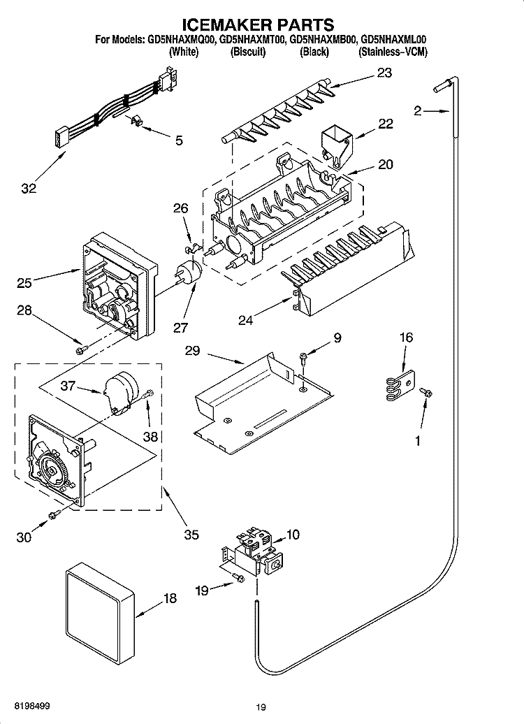 ICEMAKER PARTS Diagram and Parts List for GD5NHAXMQ00  Whirlpool Refrigerator