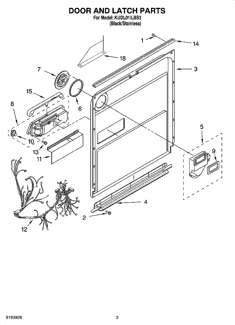 DOOR AND LATCH PARTS Diagram and Parts List for KUDL01ILBS3  KitchenAid Dishwasher