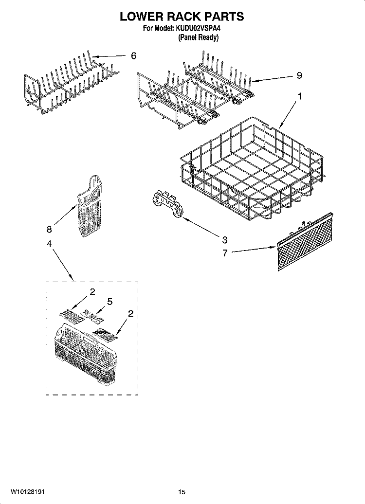 LOWER RACK PARTS, OPTIONAL PARTS (NOT INCLUDED) Diagram and Parts List for KUDU02VSPA4  KitchenAid Dishwasher