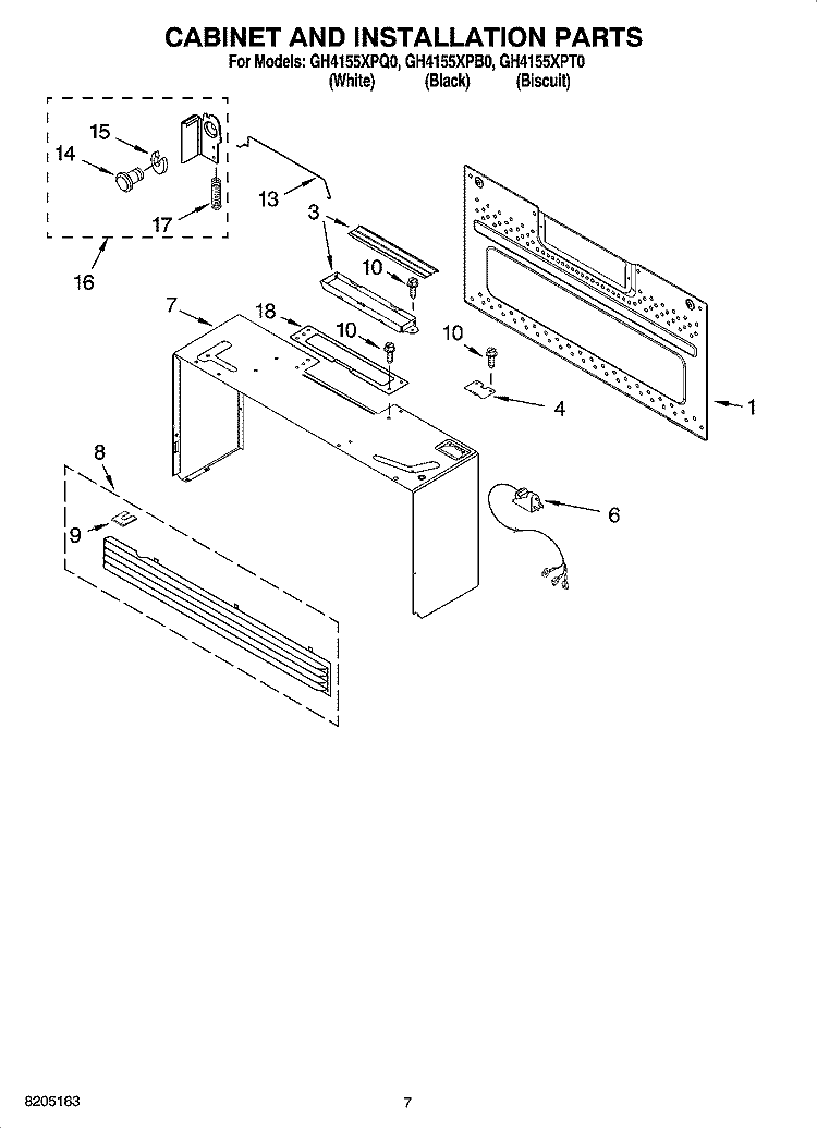 CABINET AND INSTALLATION PARTS Diagram and Parts List for GH4155XPQ0  Whirlpool Microwave