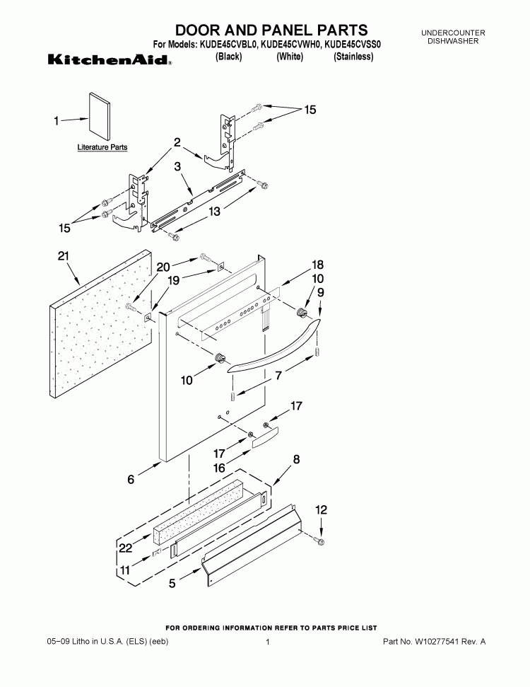 DOOR AND PANEL PARTS Diagram and Parts List for KUDE45CVBL0  KitchenAid Dishwasher